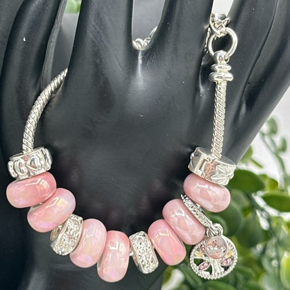 Pandora Style Pink Charm Rhinestone Bracelet with Pink Family/Tree Charms, NWOT